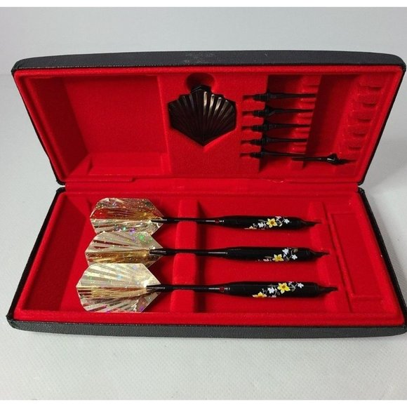 Vanity Other - Vanity Dart Pin Set Gold Black Floral Steel Tip Travel Case Flights Accessories